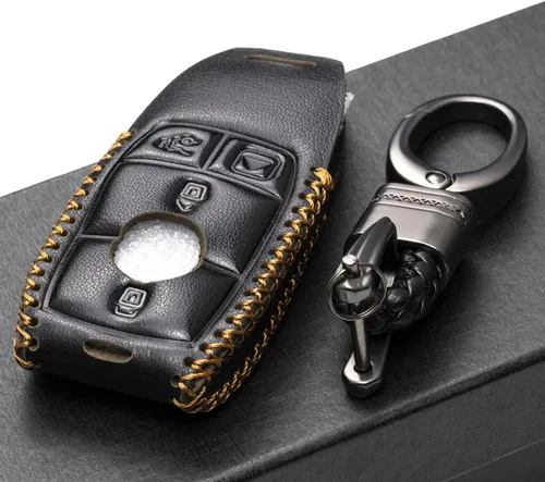 Vista 4 de Funda de llave inteligente de cuero genuino con correa de llave de cuero compatible para Mercedes-Benz A, C, E, S, CLA, CLS, GLA, GLB, GLC, GLE
