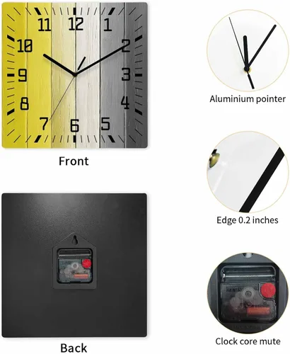 Vista 4 de Reloj de pared de madera amarillo negro blanco silencioso, sin tictac, color granja, reloj de pared cuadrado de madera degradado, funciona