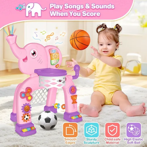 Vista 5 de Shemira Aro de baloncesto y centro de actividades de portería de fútbol para niños pequeños con luz y música, juguetes musicales de elefante