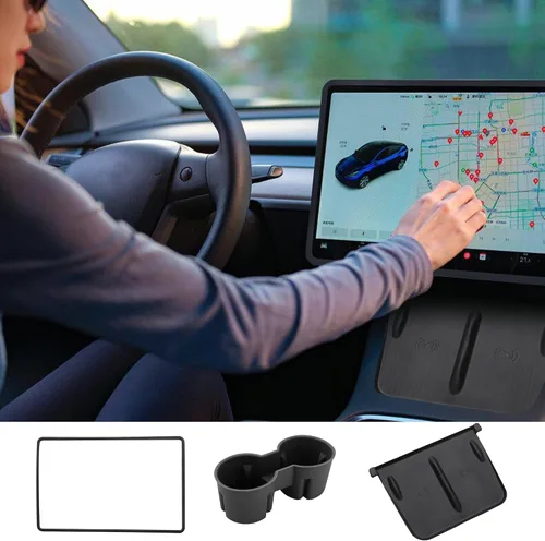 Vista 9 de TOPABYTE - Consola central para accesorios Tesla Modelo Y Modelo 3, 3 unidades, color negro Cup Holder Insert, Screen Edge Protector Frame