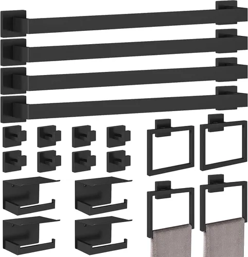 Vista 8 de STWWO Juego de 4 piezas de accesorios de baño, color negro, juego de toalleros de acero inoxidable de 16 pulgadas, toalleros para baño montado