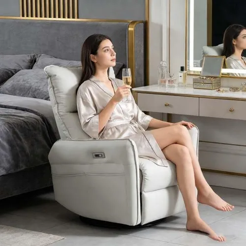 Vista 4 de Silla reclinable eléctrica giratoria mecedora eléctrica con carga USB, piel sintética para sala de estar y dormitorio (gris claro)