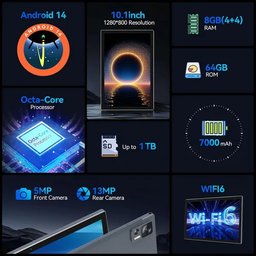 Vista 2 de Tableta Android de 10.1 pulgadas, procesador Octa-Core 2026 con almacenamiento de 64 GB, tableta WiFi 6, cámara dual de 13 MP+5MP, tableta 2 en 1