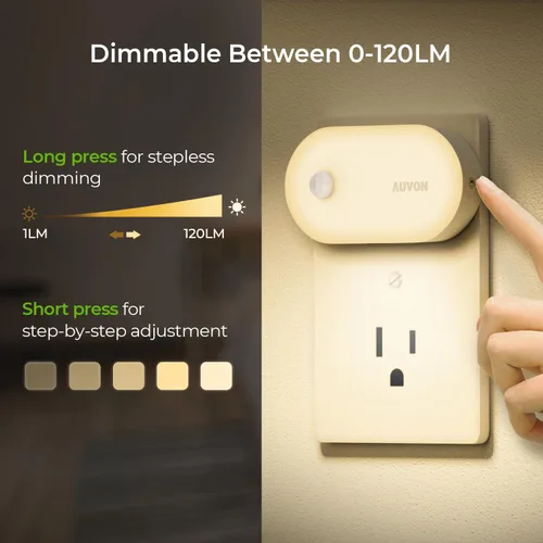 Vista 4 de AUVON Luz nocturna enchufable con sensor de movimiento (120 lúmenes), luces nocturnas LED inteligentes regulables, brillo de 1-120 lúmenes