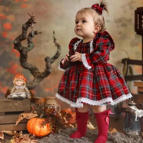 Vista 3 de B30 - Vestido de princesa con estampado de encaje para bebé y niña ropa para bebé Rojo 6-12 meses