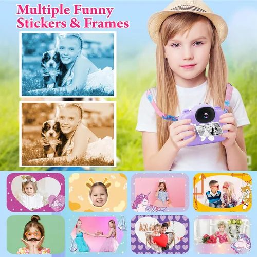 Vista 4 de Cámara de impresión instantánea para niños, cámara digital instantánea para niños de 3.5 pulgadas con fotos y videos HD de 1080P, regalos
