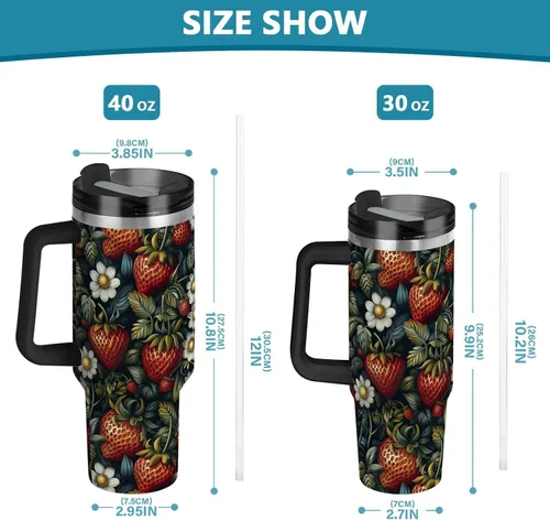 Vista 3 de Botella de agua de viaje de boca ancha con diseño de fresas de frutas, tapa a prueba de fugas y pajita, taza de té decorativa con tapa para agua, té