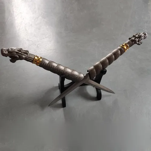 Vista 6 de Espada de dragón doble de acero inoxidable con soporte de exhibición para cosplay, colección 18.9 pulgadas
