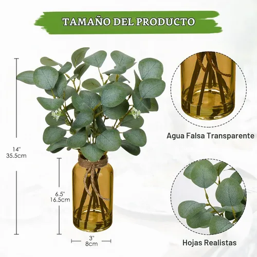Vista 2 de Briful Tallos de eucalipto artificiales en jarrón de vidrio ámbar con agua sintética, hojas de eucalipto de planta falsa de 14 pulgadas