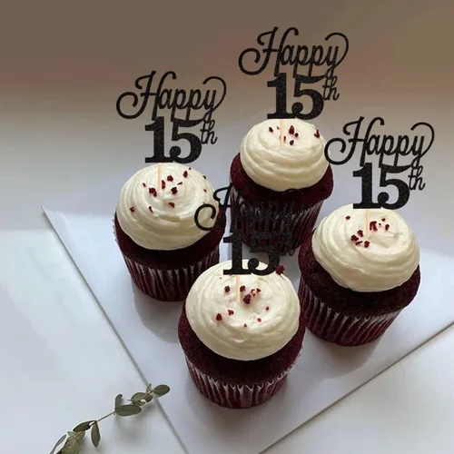 Vista 7 de Paquete de 24 adornos para cupcakes con purpurina número 15, quince cumpleaños, decoración para cumpleaños de 15 años, suministros de fiesta de Negro