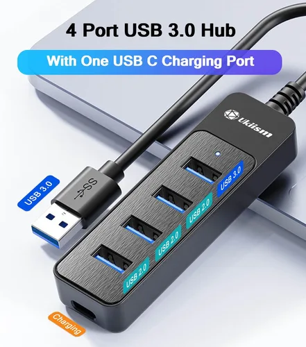 Vista 2 de Concentrador USB 3.0, extensor USB 3.0 de 5 puertos con puerto de alimentación USB C de 5V, divisor USB A puerto Hub para laptop, PC, coche, PS4/5