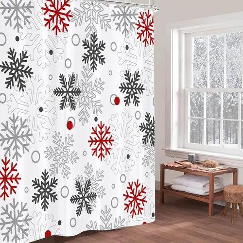 Vista 4 de GOOESING Cortina de ducha de copos de nieve navideños de invierno, rojo gris blanco, impermeable, cortinas de ducha para baño, cortina de ducha