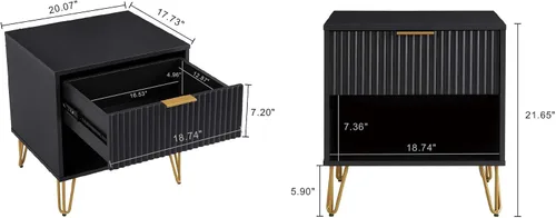 Vista 2 de Manhtattan Comfort Dumbo - Mesita de noche moderna 1.0 con 1 cajón y patas de metal, patas doradas abiertas, diseño acanalado vertical