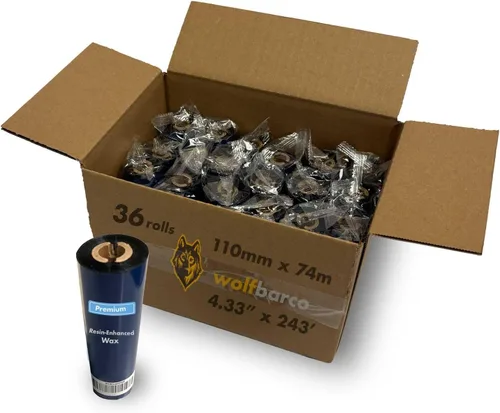 Vista 18 de Wolfbarco 1 Roll 1.57" x 1476' (40mm x 450m) Premium Resin Enhanced Wax Thermal Transfer Ribbon 1" Core, Coated Side Out for Zebra Printers