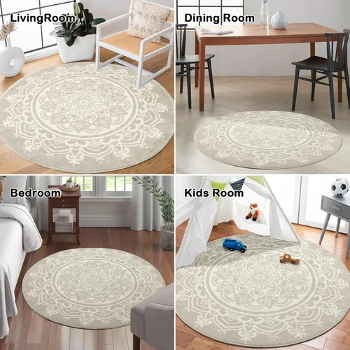 Vista 6 de Carvapet Alfombra redonda de 3 pies, alfombra circular con estampado de mandala, antideslizante, lavable, suave para entrada, baño, guardería