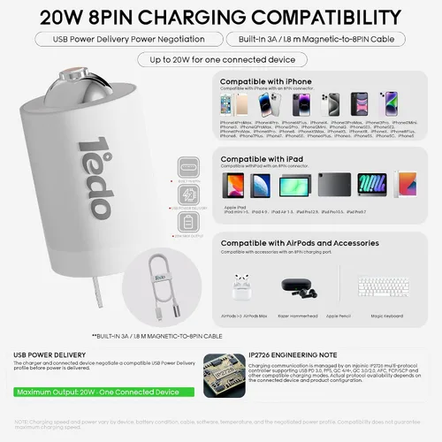 Vista 4 de Cargador de pared GaN de 20W, enchufe plegable de carga rápida para tableta y teléfonos Blanco