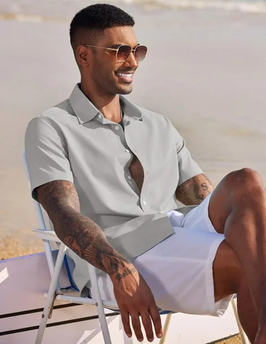 Vista 5 de COOFANDY Camisa de algodón con botones y manga corta para hombre, camisas de playa de lino y verano