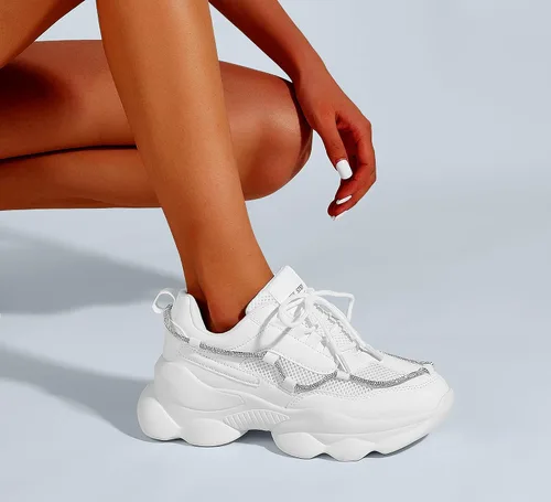 Vista 9 de LUCKY STEP Zapatos deportivos gruesos de los años 90 para mujer, con plataforma de cuerda con diamantes de imitación brillantes, casuales, gruesos