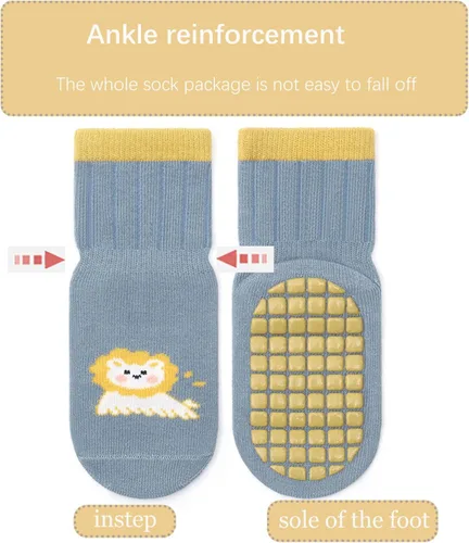 Vista 5 de BRATAA Toddlers No Slip Socks 5 Pairs-Cartoon Baby Little Boys Girls Socks with Grips Crew Length Slipper Socks