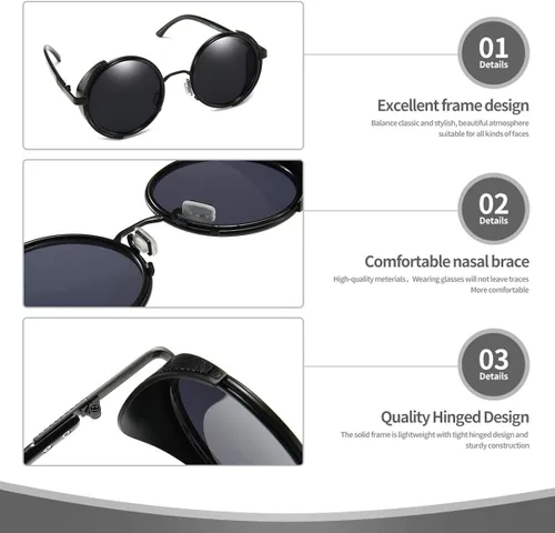 Vista 8 de Dollger Steampunk - Gafas de sol redondas retro vintage con marco circular de metal Negro