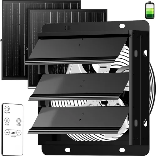 Vista 9 de Solar Exhaust Fan with Battery & Dual Solar Panels for Greenhouse, Shed