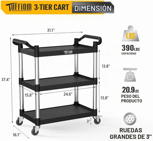 Vista 7 de TUFFIOM Carrito de servicio de plástico de 3 niveles con ruedas, resistente capacidad de 390 libras, rodante comercial, ideal para restaurantes