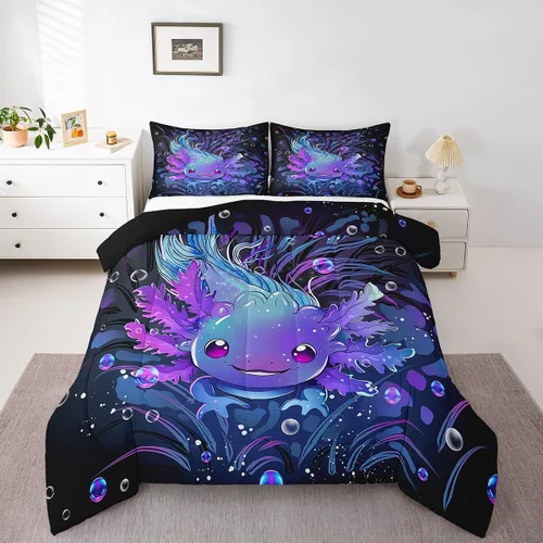 Vista 6 de Feelyou Lindo juego de ropa de cama de ajolote para niños y niñas tamaño twin, juego de edredón de salamandra para niños, mujeres y hombres, edredón