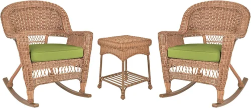 Vista 9 de Jeco Juego de sillas de mimbre Rocker de 3 piezas con cojín verde, negro