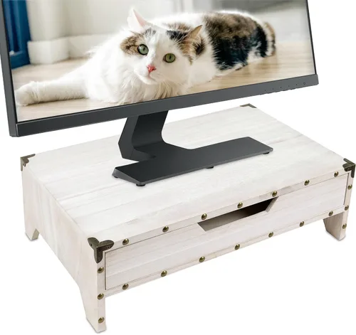 Vista 7 de Ikee Design Soporte de madera para monitor de 2 niveles con cajón, soportes de escritorio de madera Soporte ergonómico para monitor: eleva tu