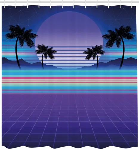 Vista 2 de Ambesonne Synthwave Shower Curtain, Retrowave Design of Colorful Funky Stripes and Palms Galactic Moon, Cloth Fabric Bathroom Decor Set with Hooks