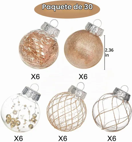 Vista 3 de Adornos de bola de Navidad de plástico transparente, 30 bolas de champán de 2.36 pulgadas para decoración de árboles, inastillables para regalos