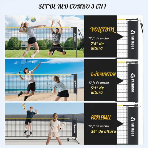 Vista 5 de 3-in-1 Volleyball Badminton Pickleball Net Set Adjustable Height Negro