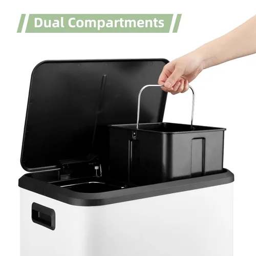 Vista 4 de Cubo de basura rectangular de doble compartimento para reciclaje de cocina con tapa de cierre suave, acero inoxidable de 2 x 4 galones
