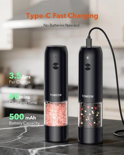 Vista 4 de Juego de molinillo de sal y pimienta eléctrico de TOMEEM con luces LED – Molinillo automático recargable de sal y pimienta con 6 ajustes de grosor