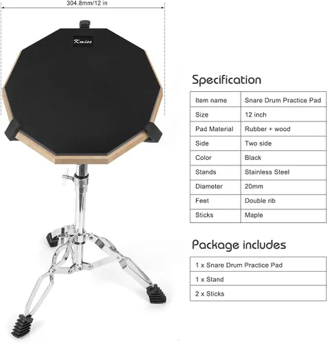 Vista 5 de Horse Almohadilla de práctica para tambor, kit de almohadillas de ejercicio para batería de doble cara de 12 pulgadas, dispositivos de soporte