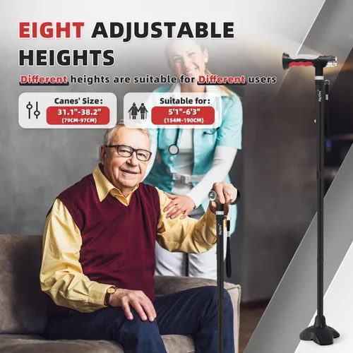 Vista 4 de BigAlex Bastón plegable con dos luces LED para ancianos, base sólida, bastón ajustable con bolsa de transporte para hombres y mujeres Negro