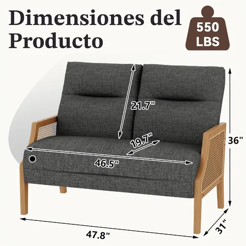Vista 2 de HAOBO Home Sofá pequeño de dos plazas, mini sofá tapizado con brazos de ratán, sofá pequeño de lino para sala de estar, comedor y dormitorio