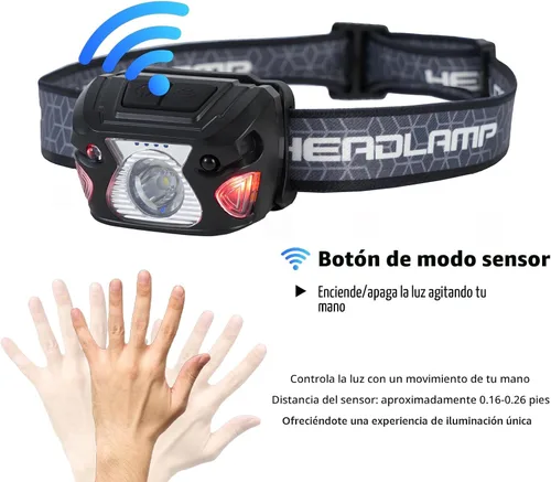 Vista 5 de Lámpara frontal para exteriores, recargable USB-C, 6 modos, más de 1000 lúmenes, linterna impermeable IPX5, iluminación continua de 12 horas, ideal
