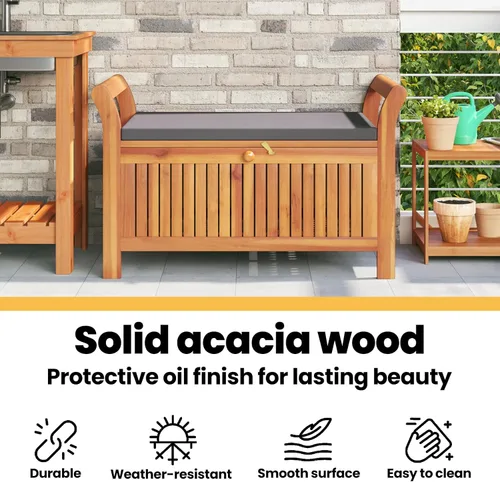 Vista 5 de vidaXL Banco de almacenamiento para patio con cojín de 35.8 pulgadas, madera maciza de acacia Gris