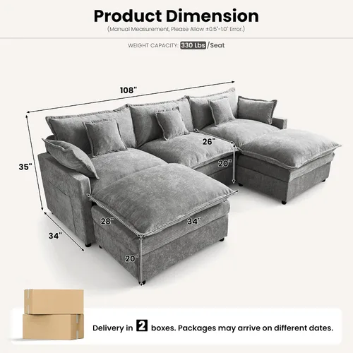 Vista 2 de ovios Sofá modular Cloud de 108 pulgadas con 2 otomanas, sofá en forma de U de 5 plazas, cómodos sofás de felpilla con 5 almohadas para sala de Gris