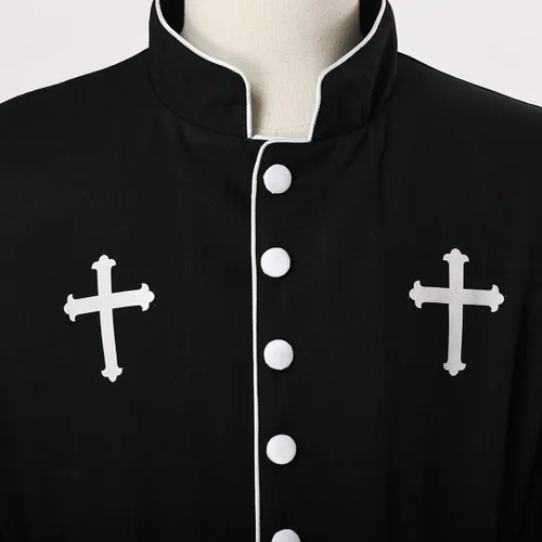 Vista 5 de Disfraz de sacerdote para hombre, bata de sotana romana con cuello alto y cinturón, Negro