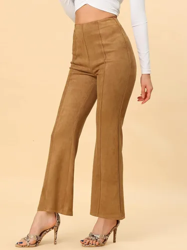 Vista 2 de Allegra K Pantalones acampanados de gamuza sintética para mujer, piernas anchas, casuales, de negocios, acampanados