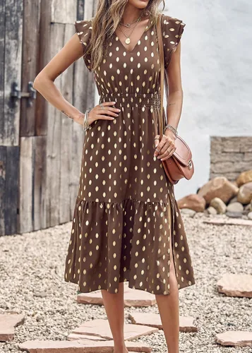Vista 4 de KIRUNDO Vestido de verano para mujer, con volantes, sin mangas, cuello en V, elegante, con abertura, acampanado, para fiesta en la playa, cóctel