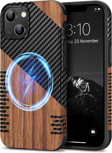 Vista 9 de TENDLIN Compatible con iPhone 13 mini - Funda de grano de madera con textura de fibra de carbono, funda híbrida de cuero compatible con iPhone 13