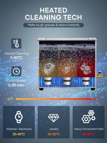Vista 3 de Limpiador ultrasónico 6.5L con calentador y temporizador, máquina de limpieza comercial de acero inoxidable de 1.7 galones y 180 W para instrumentos