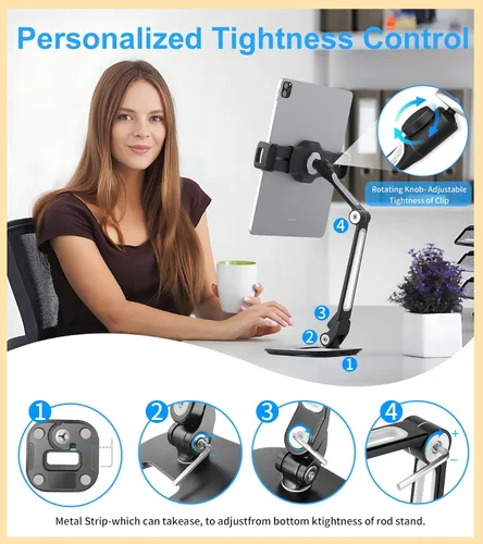 Vista 6 de Soporte ajustable para tablet de escritorio, soporte giratorio de 360° para iPad Air mini Pro de 4.7 a 12 pulgadas, iPhone, Samsung POS, Kindle