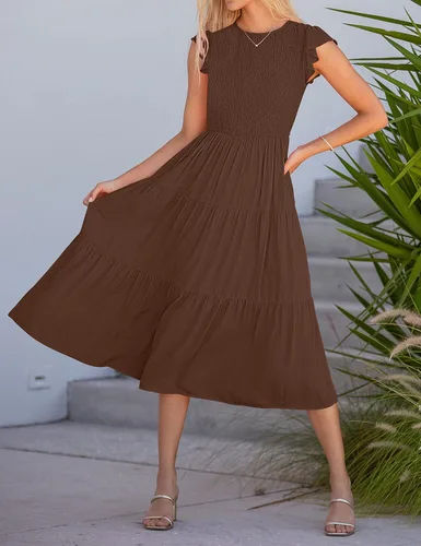 Vista 7 de MEROKEETY - Vestido midi fruncido de manga corta para mujer, vestido de verano casual, acampanado, con cintura elástica y escalonado