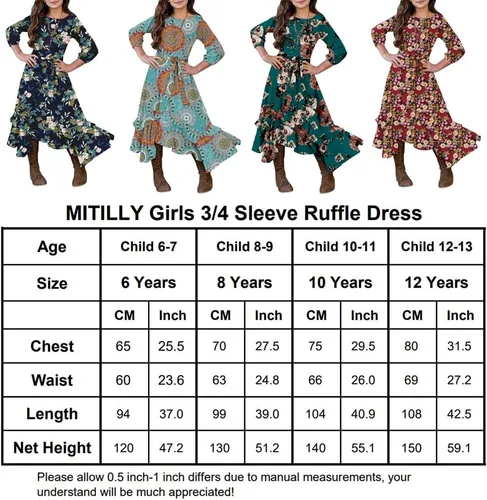 Vista 5 de MITILLY Vestido largo suelto de manga 34 para niñas, con bolsillo casual, con volantes, con cinturón