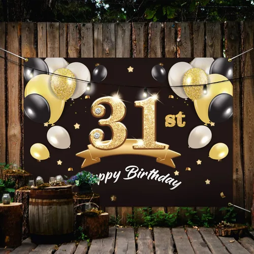 Vista 5 de Telón de fondo de pancarta de feliz cumpleaños 31 – Suministros de decoración de fiesta de cumpleaños 31 para hombres – Negro dorado 4 x 6 pies