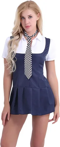 Vista 2 de iEFiEL Disfraz de uniforme de 2 piezas para mujer con corbata, Azul marino y blanco